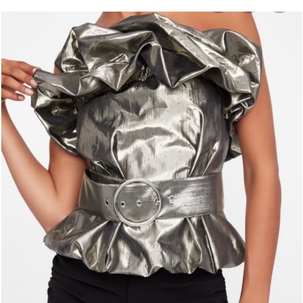 Zara metallic strapless top. Perfect date night outfit. With heels black jeans